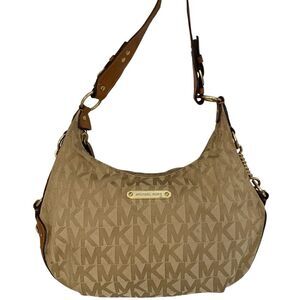 Michael Kors Canvas Hobo Shoulder Bag Tan MK Logo Gold Hardware Leather Trim